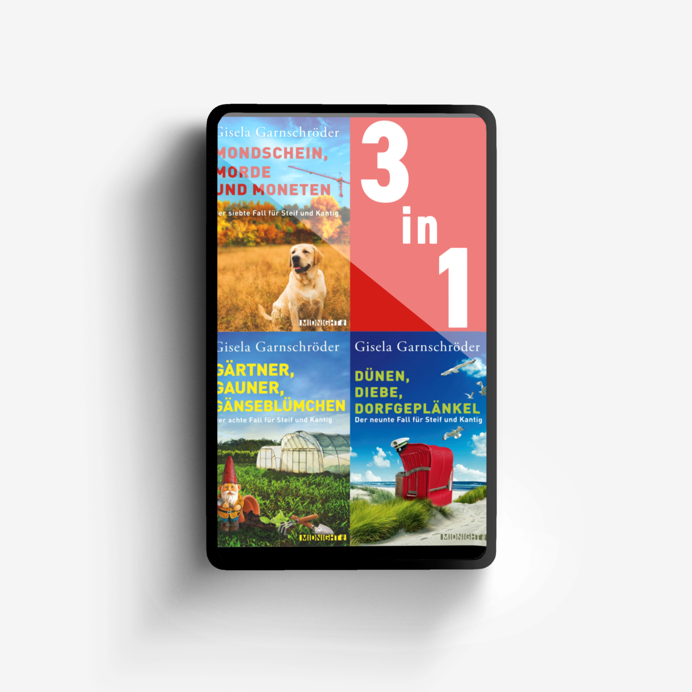 Buchcover von Mondschein, Morde und Moneten // Gärtner, Gauner, Gänseblümchen // Dünen, DIebe, Dorfgeplänkel